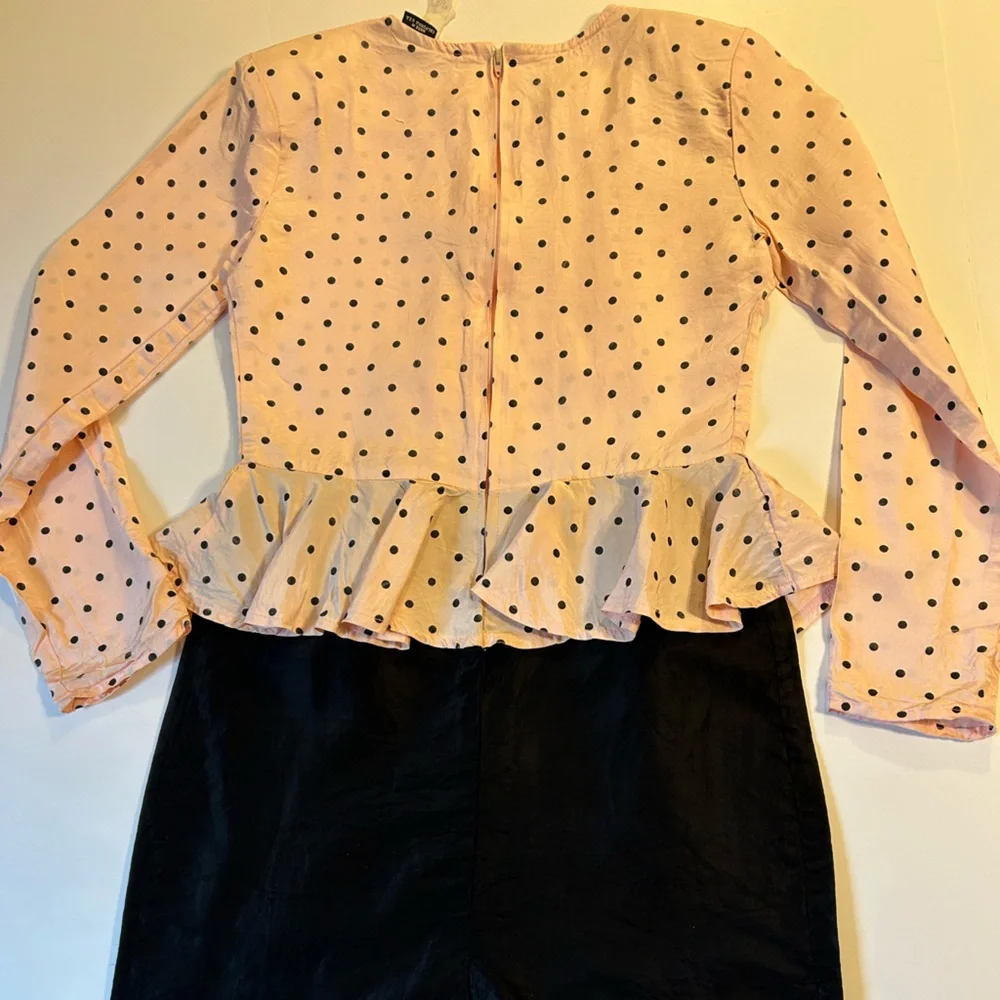 Vintage 80s Jazz Girls Polka Dot Peplum Dress Pink Black Long Sleeve Retro Party